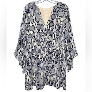 Lavender Brown 100% Silk Blue Snakeskin Dress with bell sleeves - Medium